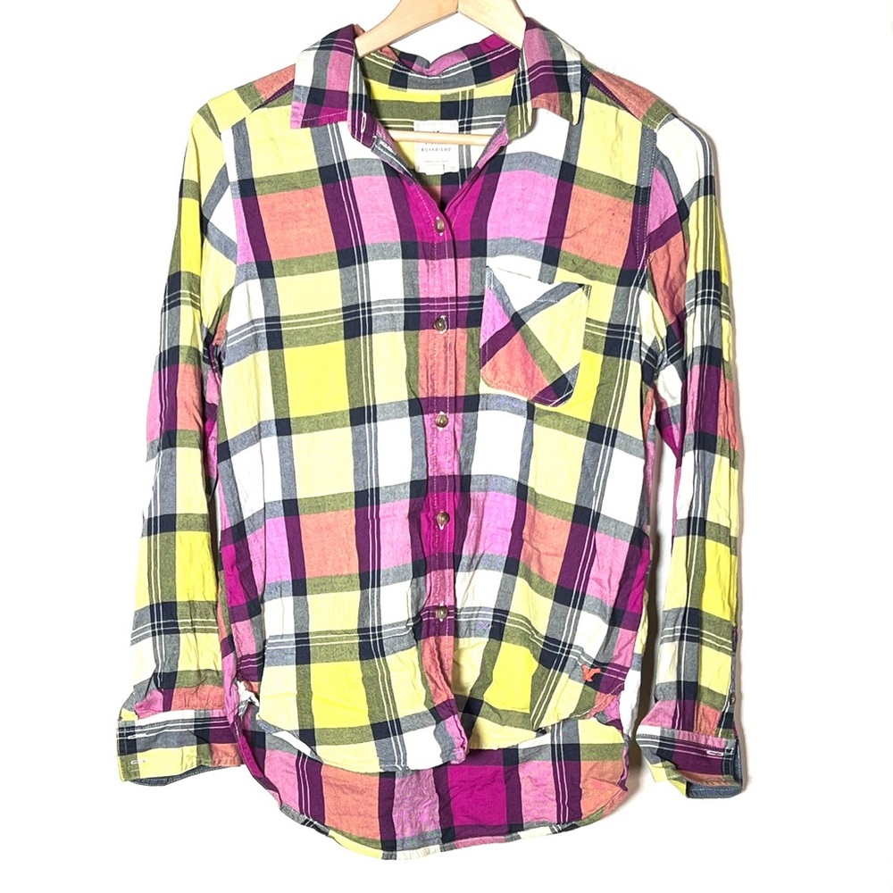 American Eagle yellow purple plaid flannel top button-down shirt small S B195